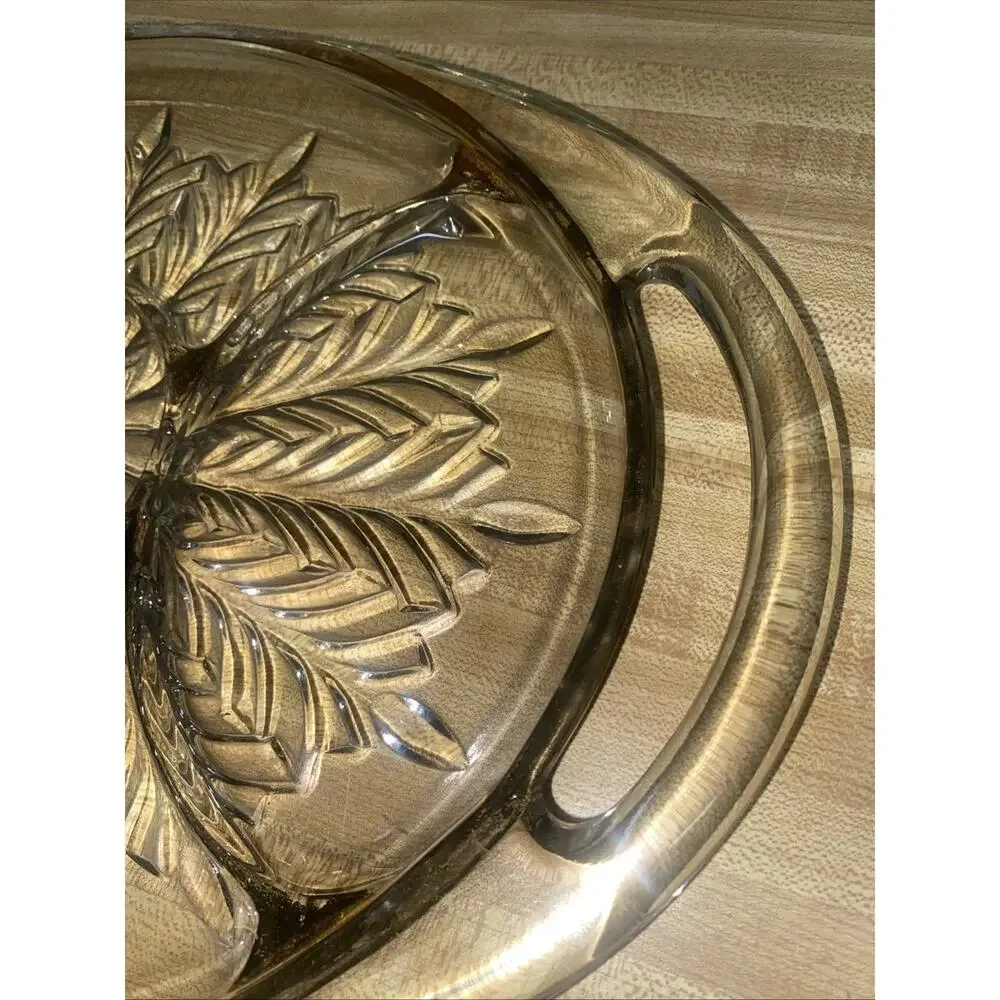 Jeanette Feather Gold Trim 5 Section Handled Relish Tray Clear Glass Platter